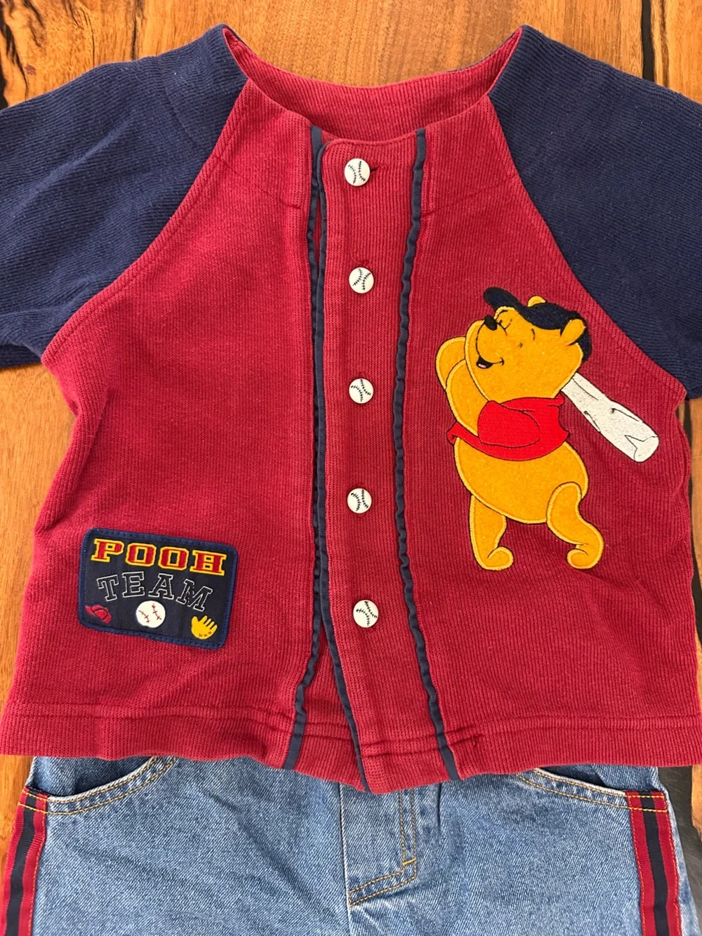 Vintage 90s Disney Winnie The Pooh Team Baseball Cardigan Jeans Set 3T